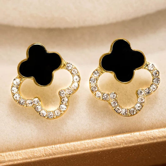 Black Clover Crystal Stud Earrings –Gold Plated